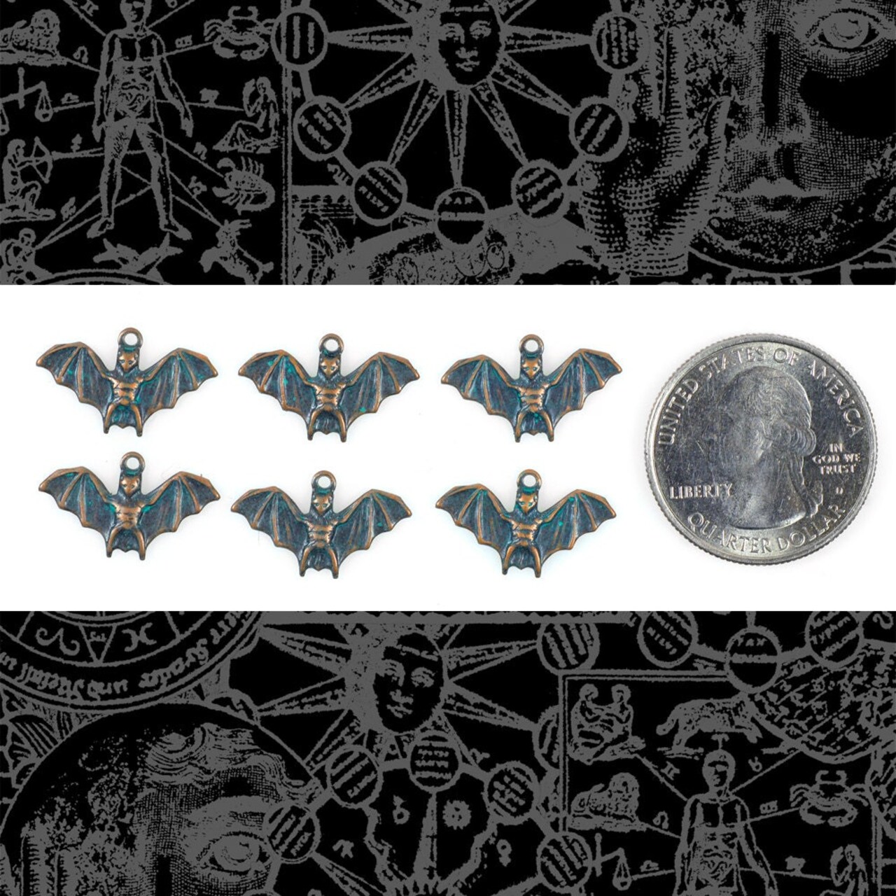 Verdigris Finished Brass Bat Charms Verdigris - Set of Six - V-C12